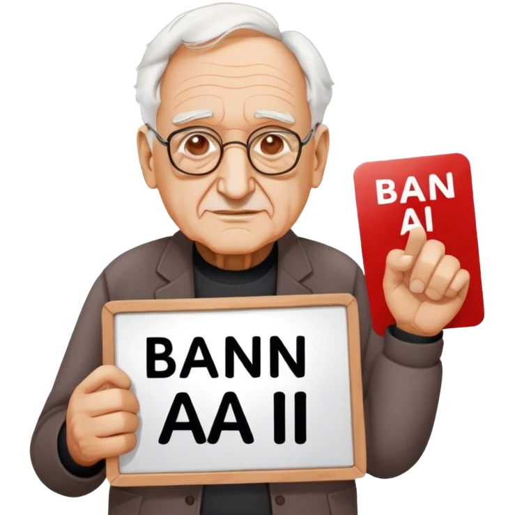 Frank Gehry with a "Ban AI" sign emoji