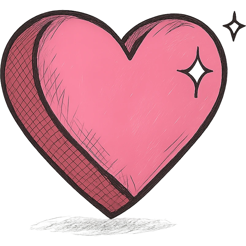 Add a realistic drop shadow to the 3D large pink heart with sparkles and gold outline, keeping the hand drawn black outline style, on a white clean background. emoji