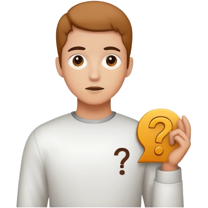 young character standing with a small help icon or question mark above their shoulder emoji