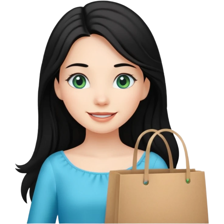 zadowlona czarnowłosa ksiezniczka z dlugimi wlosami i ma niebiesko zielone oczka jest zadowolona z zakupami emoji