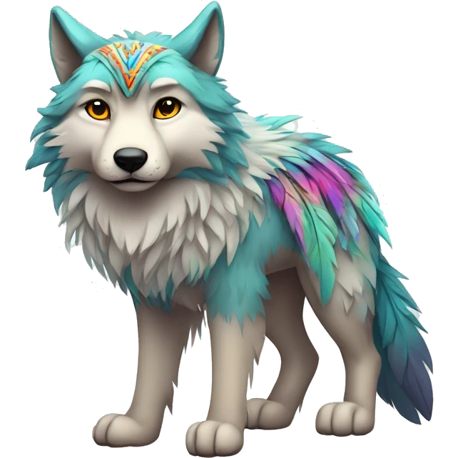Fluffy Shy Colorful Spiritual Wolf With Shiny Tribal Markings wearing feathers Full Body emoji