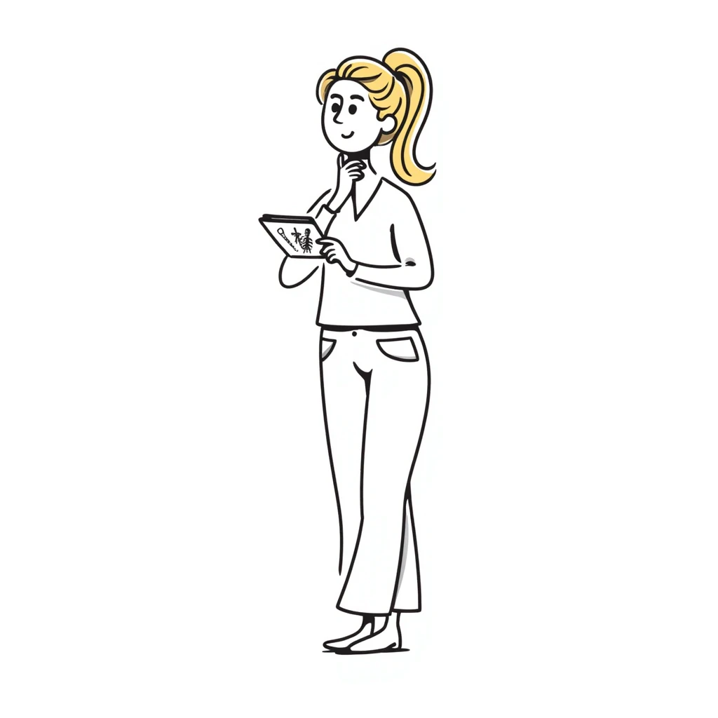 blonde female physical therapist with ponytail, thoughtful expression, wearing scrubs emoji