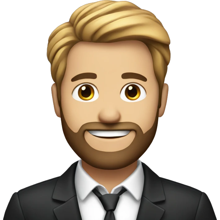 Smiling businessman with a beard, black jacket, hand on chin, confident and friendly. emoji
