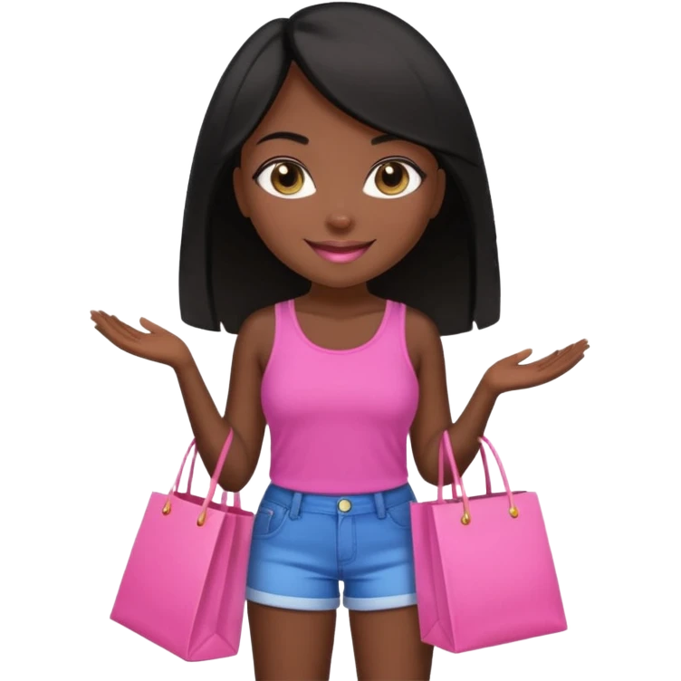 Uma menina morena cabelo liso preto olhos puxados fazendo compra com sacolas rosas  com top e short  emoji