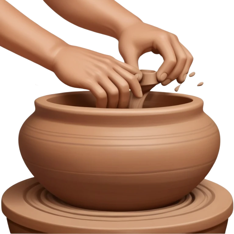 Hands making pottery, one hand inside clay vessel, one hand outside, pinching and lifting clay on a spinning pottery wheel emoji