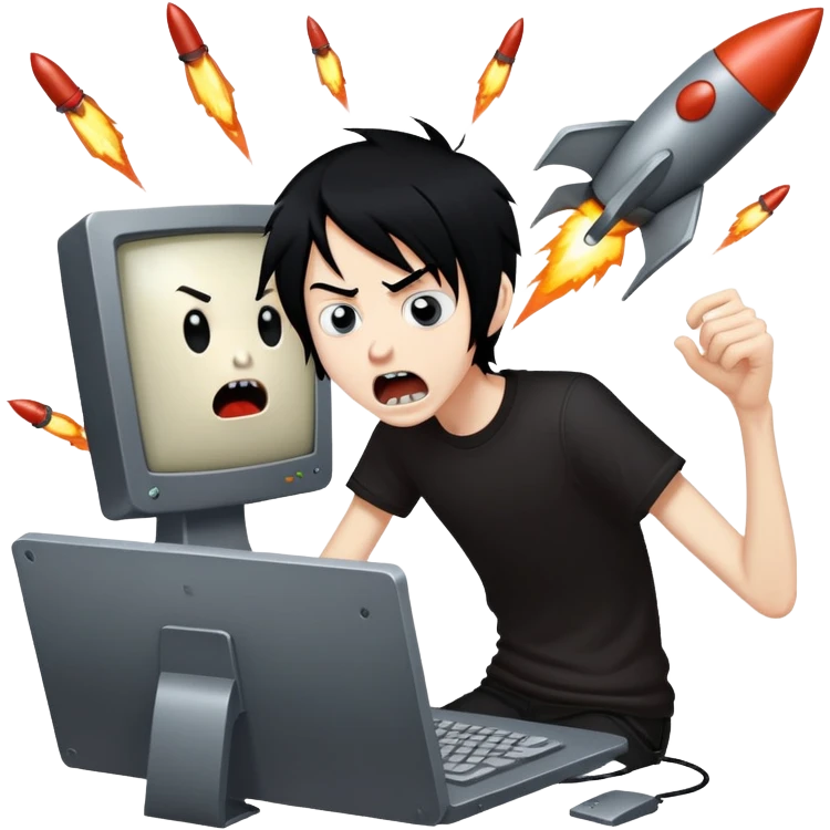 a skinny emo boy playing rust on his 2000 DOLLAR computer that as hes screaming in pure abysmal rage because he got raided when he had a full row of rockets  emoji