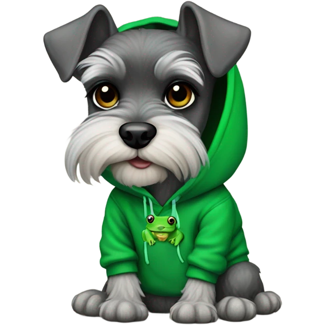 Mini schnauzer with a Kelly green frog hoodie emoji