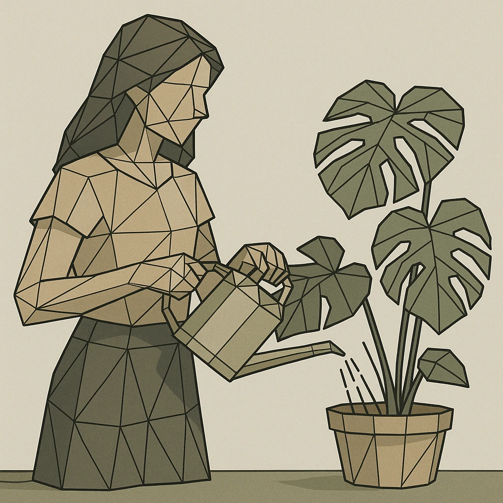 woman watering her monstera plant emoji