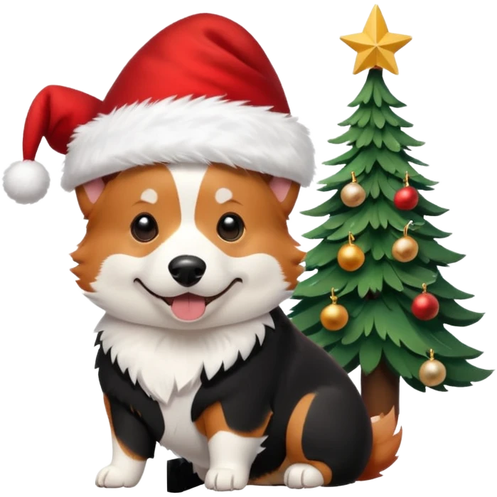 tricolor (black and red head) corgi with santa hat on and christmas tree near emoji