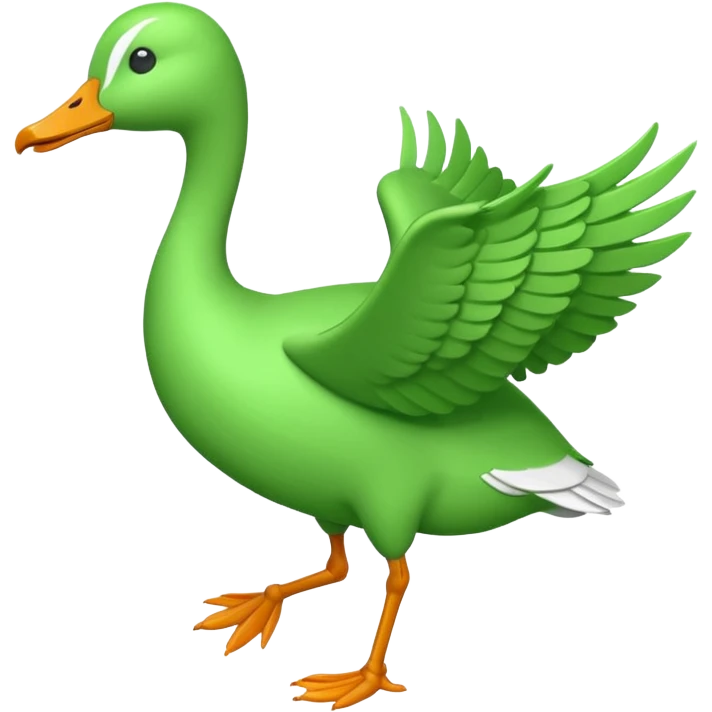 Emoji of a running goose with a very long neck and two legs. Use 🪿 shape but color it bright green (#39C700). The wings must be pressed tightly against the body, fully folded with no gap or spread. Do NOT show wings flapping or extended emoji