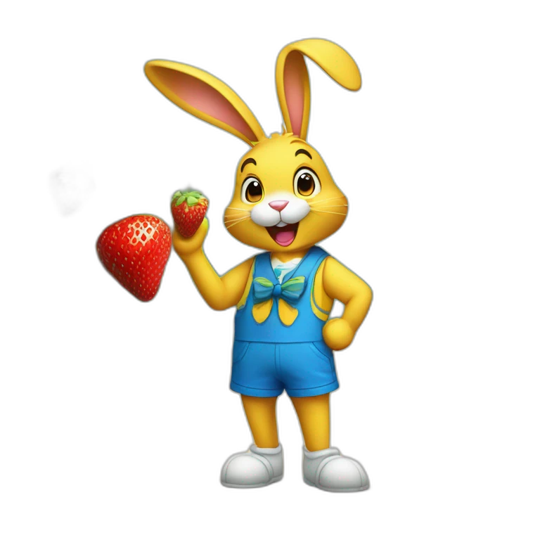 a happy bunny in yellow shorts and a blue vest with a blue bow around his neck sniffs strawberries emoji