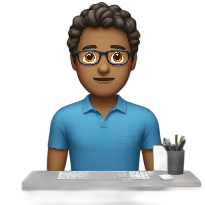 A Brown man with Brown eyes and Brown glasses. He has a blue shirt and he works on his computer emoji