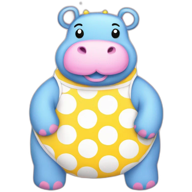 Pink cute hippo with yellow ears, yellow belly, belly pouch in blue with white polka dots emoji
