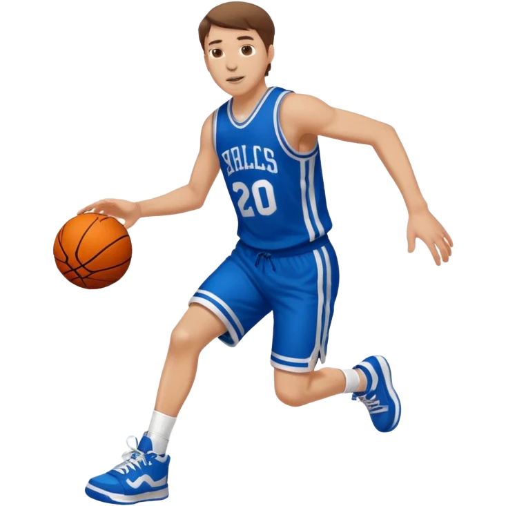 A white man with brown hair with a basketball, doing a layup emoji