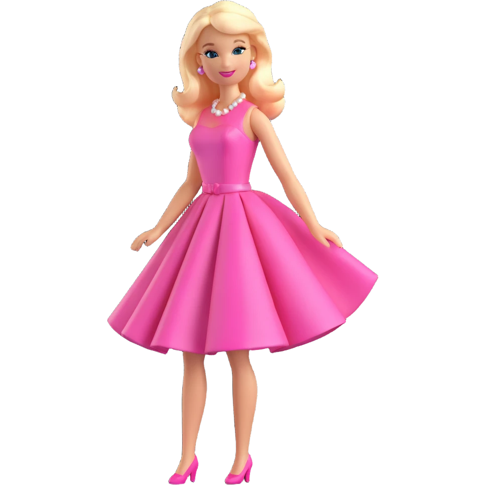 Barbie, classic doll with blonde hair, pink dress, cheerful expression, in a playful pose, 3D style, shiny and smooth look emoji