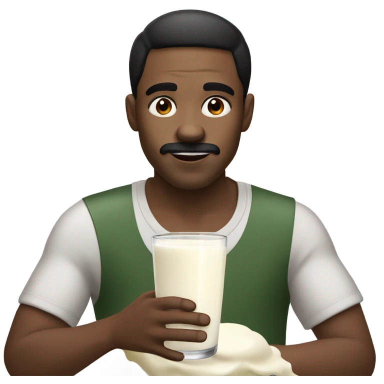 african american man with a short black mustache and short black hair drinking a glass of milk with it spilling all over his face emoji