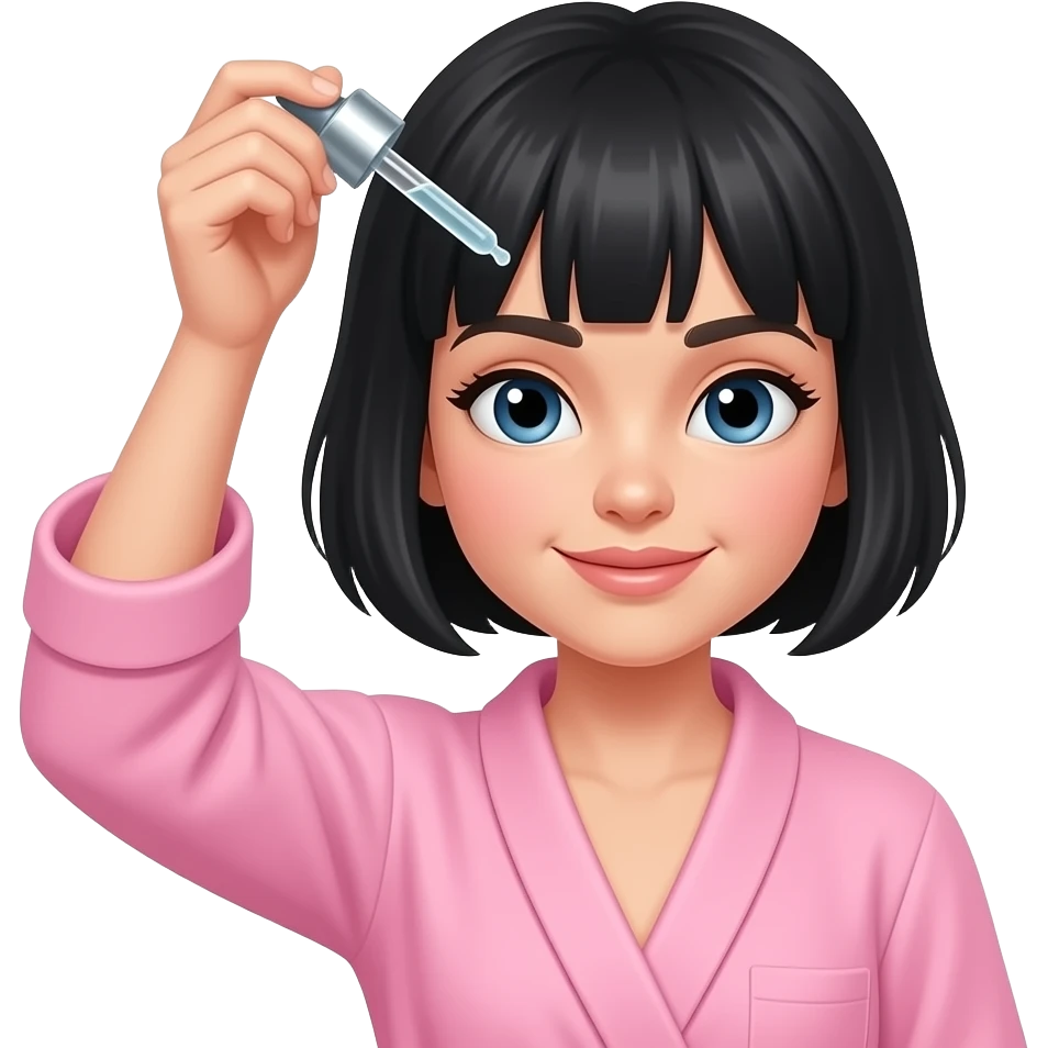 White girl taking care of her black short hair by giving herself a hair tonic massage with a dropper, wearing a pink robe, iPhone emoji style emoji
