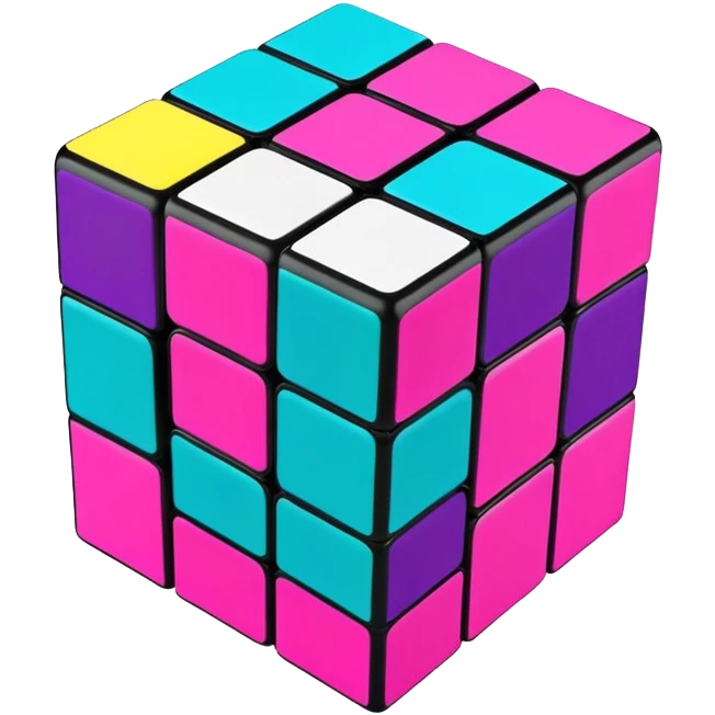 A 3x3 Rubik's Cube with radical 90s American color scheme, slightly twisted position, fluorescent colors, teal, hot pink, neon yellow, and purple emoji