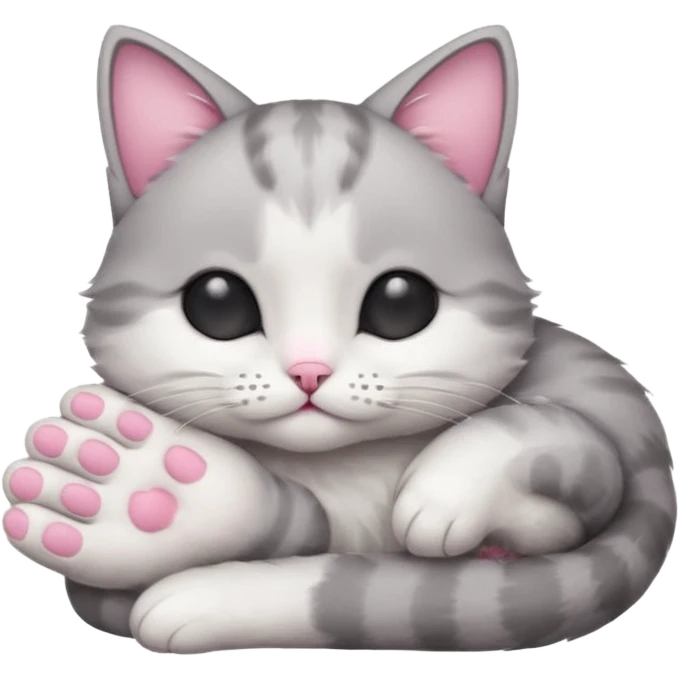 grey and white small cat with its eyes closed lying down with its paw curled under his chin holding it up emoji
