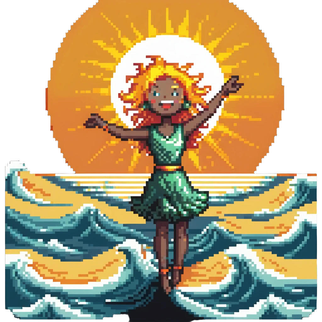 Dancing character on beach with sun highlighting them, ocean waves, cheerful tripa tropa mood emoji