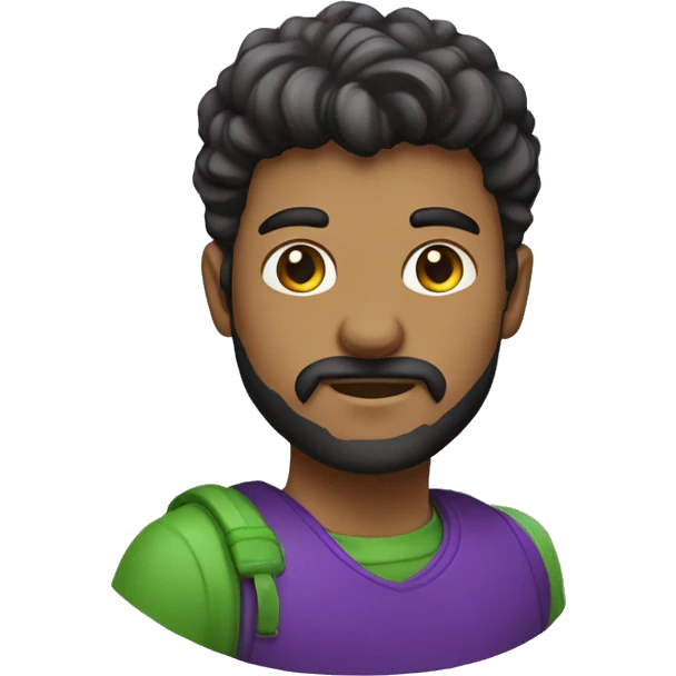 Um homem de blusa verde com detalhes em roxo de usando um bone roxo com detalhes em verde emoji