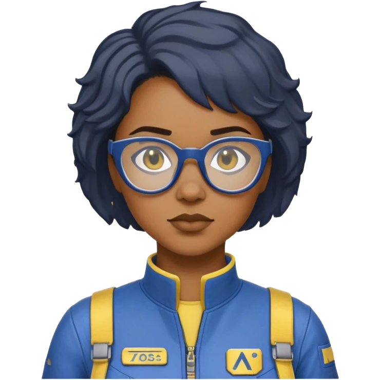 stern Black woman with short textured hair, glasses, wearing blue Fallout Vault jumpsuit with yellow trim and number on back, minimalist emoji