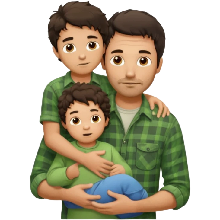 A father with messy medium-length dark hair and light stubble, wearing a green flannel shirt. He holds his child who has short curly brown hair and a cream-colored romper. Cozy warm lighting, authentic family moment. emoji