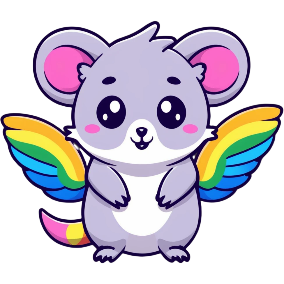colorful possum with rainbow wings, sparkly halo, lots of glitter emoji