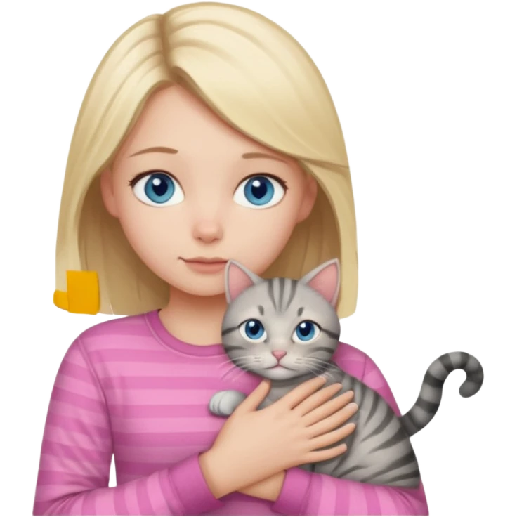 Blonde girl with blue eyes in pink shirt cuddling with grey tabby cat with dark grey stripes emoji