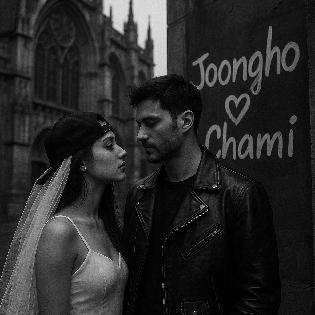 moody black-and-white street-style wedding couple in front of a gothic cathedral, bride wearing white veil and black snapback, groom in black leather jacket, urban trendy vibe, 'Joongho ❤️ Chami' in cool handwritten style on a wall or sign, black-and-white color theme, moody atmosphere emoji