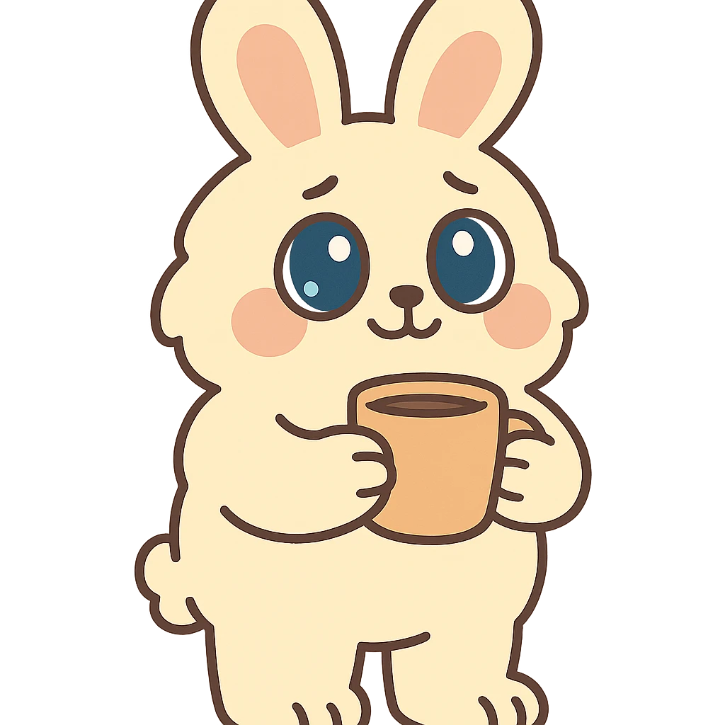 full-body fluffy cream bunny with big teardrop eyes holding a coffee mug with both hands, cozy expression, standing pose, pastel soft tones, pastel-toon style emoji