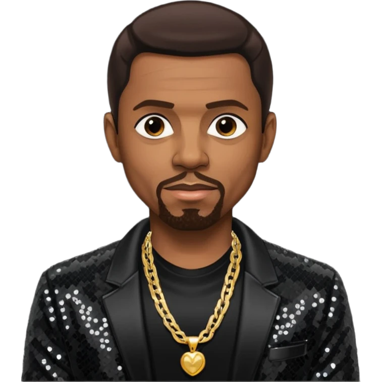 Keith Sweat (b.1961) with dark brown hair, black sequin jacket, black shirt with necklace emoji