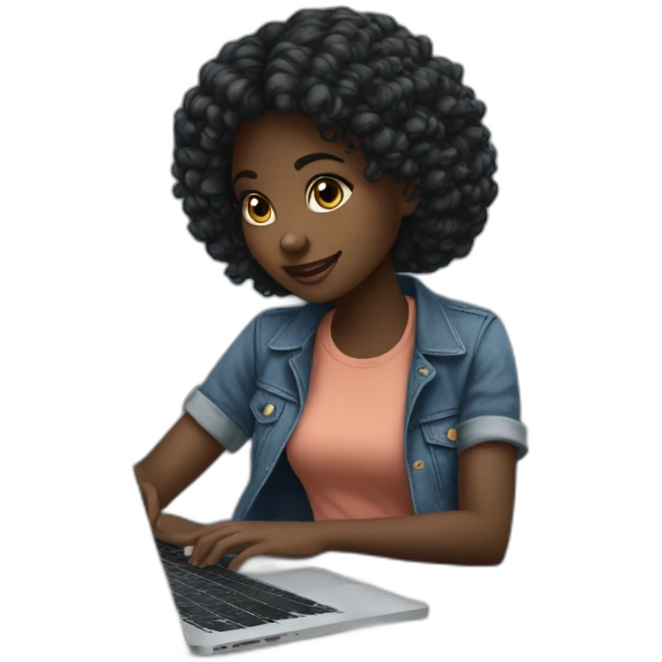 a young african girl with black wavey hair using her macbook to code on her table and where a denim top emoji