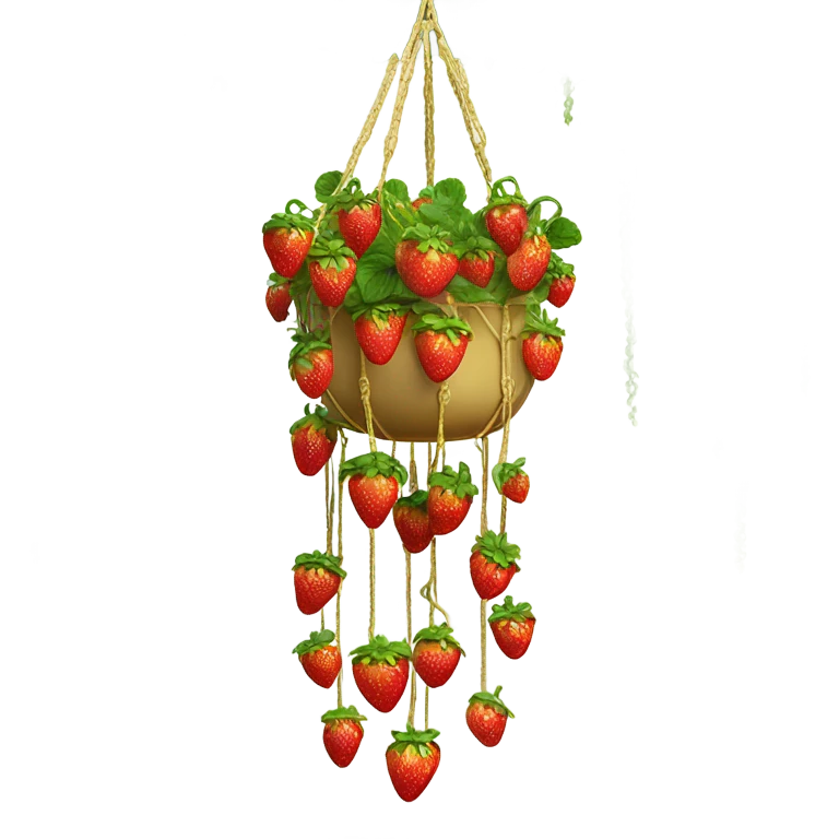 Hanging macrame gold planter with strawberries hanging down  emoji
