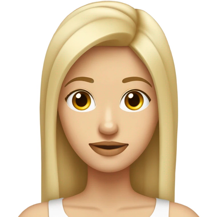 Mujer con cabello rubio lacio, bajo el hombro, con flequillo de lado, frente amplia y aros de argolla. Con una polera con cuello en color beige con cuello. emoji