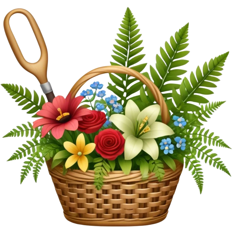 Icon for Floristry: a bouquet of flowers in a woven basket, with reeds, ferns and floral arranging tools nearby, like scissors and a flower stem. The icon should represent creativity in flower design and arranging. Transparent background. emoji