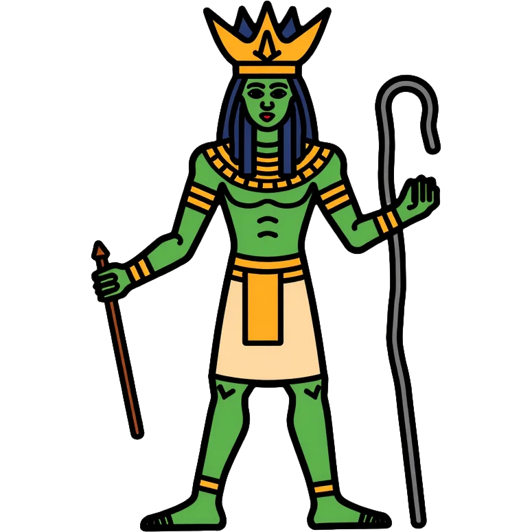 Egyptian god Osiris with green skin, Atef crown, mummified body, holding crook and flail emoji