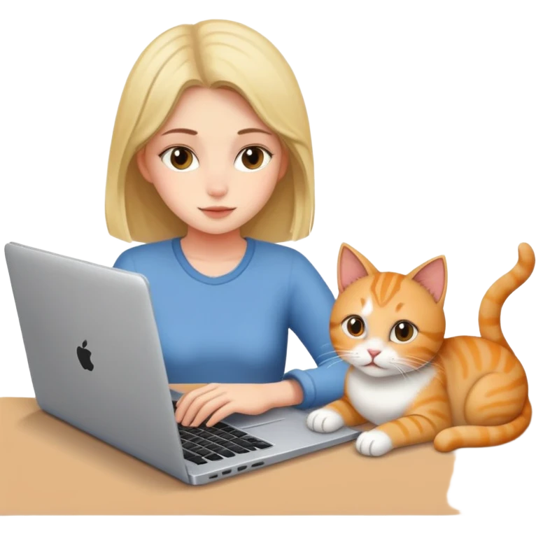 A girl is working on a laptop with a cat lying next to it emoji