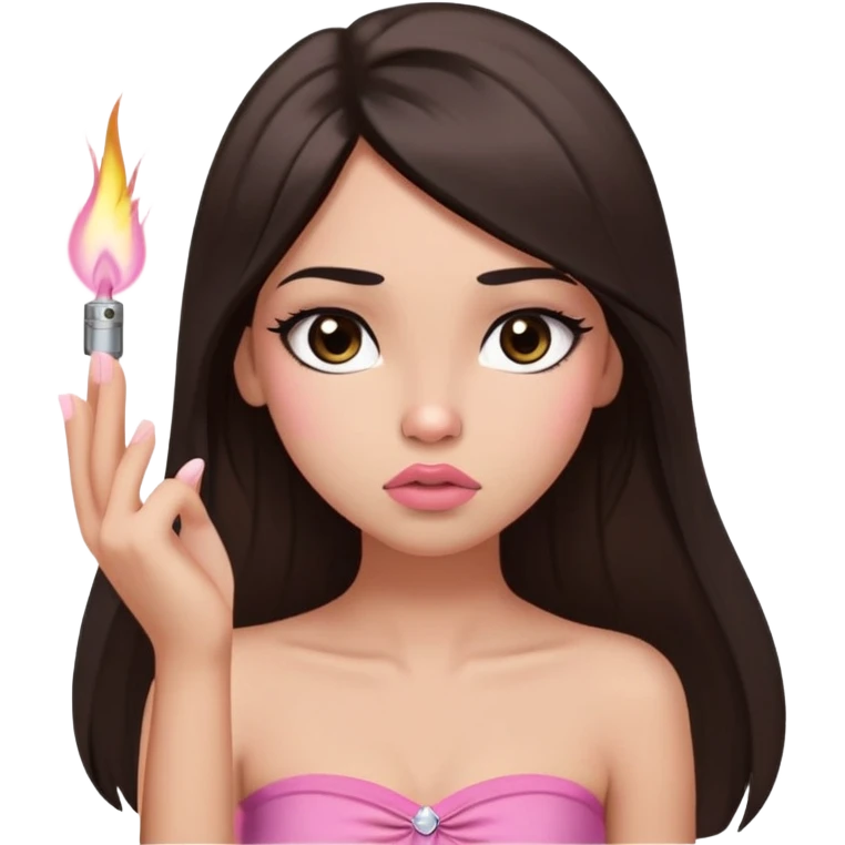 girl with lighter skin, dark brown long straight hair falling in front of her body, pouty shiny lips without cupid's bow, large eyes, lighter button nose, long oval-shaped face, wearing a pink bandeau top with straight neckline, looking directly at camera with hands down at sides emoji