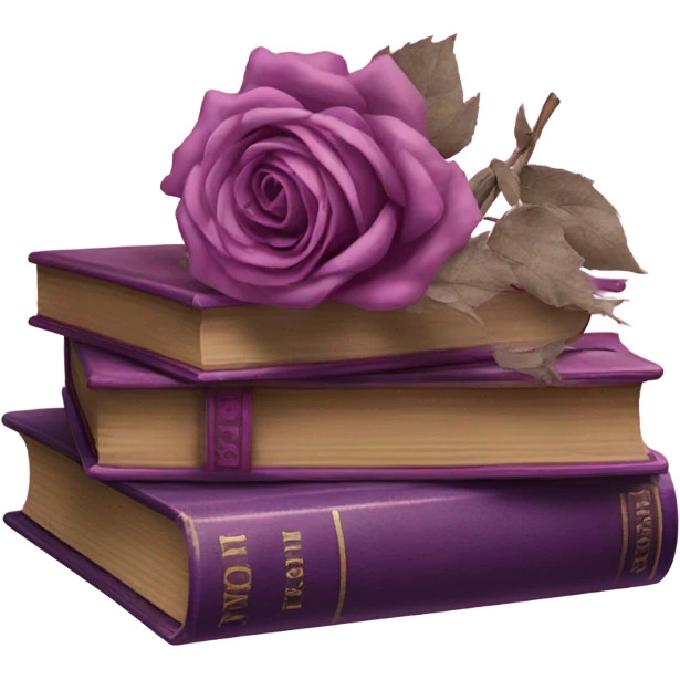 An aesthetic stack of vintage books in various shades of purple with dried pink roses. emoji