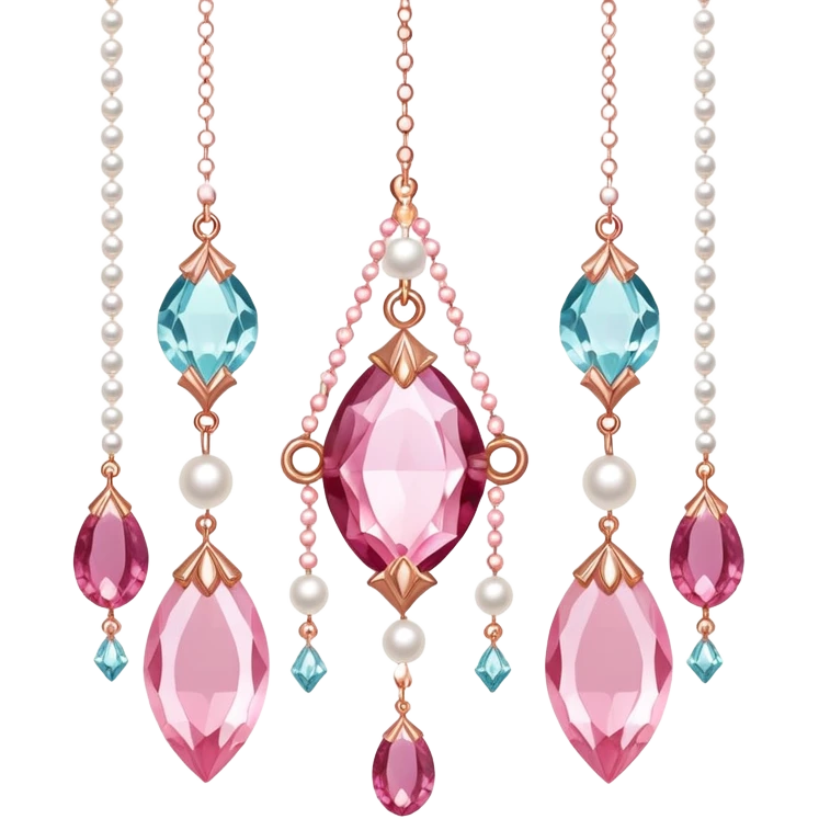 Rose-colored pastel glistening glossy sparkly shiny glittery hanging crystals pearls and beads and gemstones decorations emoji