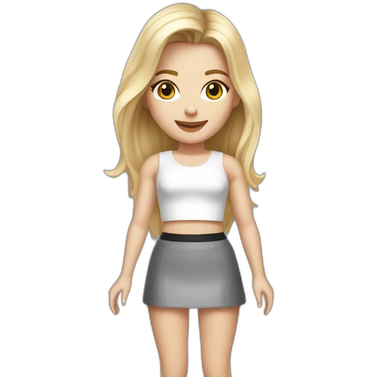 realistic caucasian long blonde hair dark brown eyes woman white crop top gray mini skirt black high heels full body emoji
