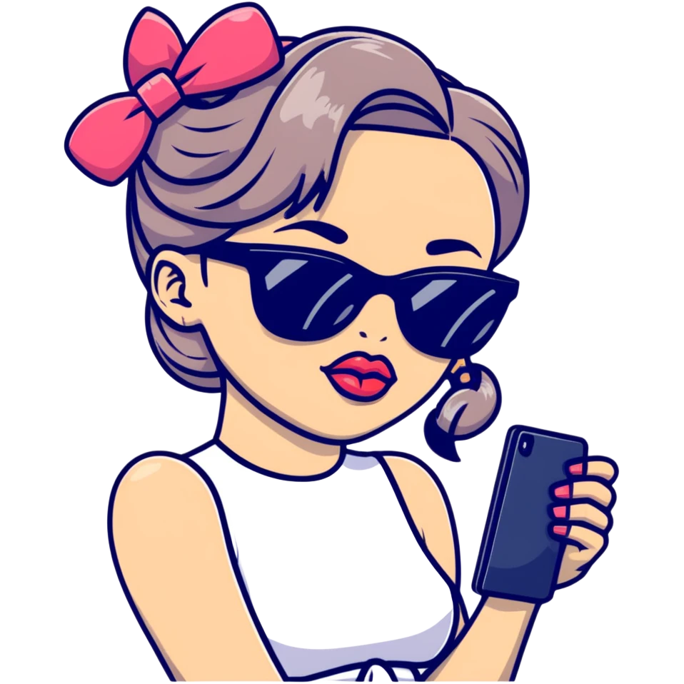 Girl with huge lips, sunglasses, bow on her hair, holding a phone with attitude emoji