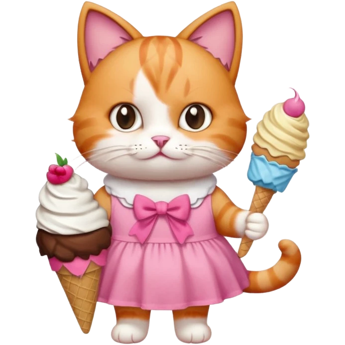 گربه‌ ای سفید نارنجی که پاپیون رو سرشه و لباس صورتی تنشه و بستنی شکلاتی قیفی دستشه emoji