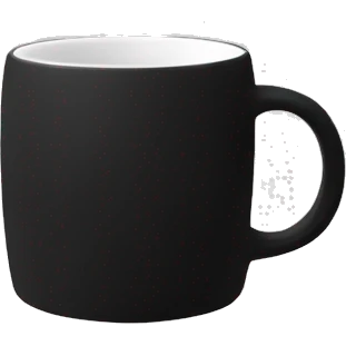Black ceramic round mug, white on the inside, rubbery on the outside with no face emoji
