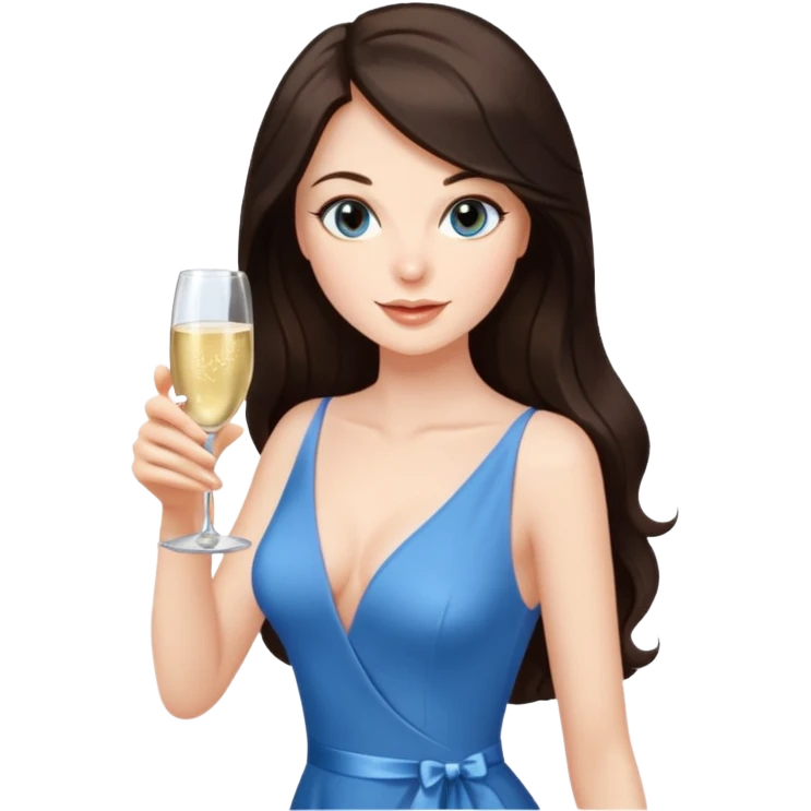 Sexy brunette woman long dark brown hair, hazel eyes, pale skin toasting with champagne in sexy blue dress emoji