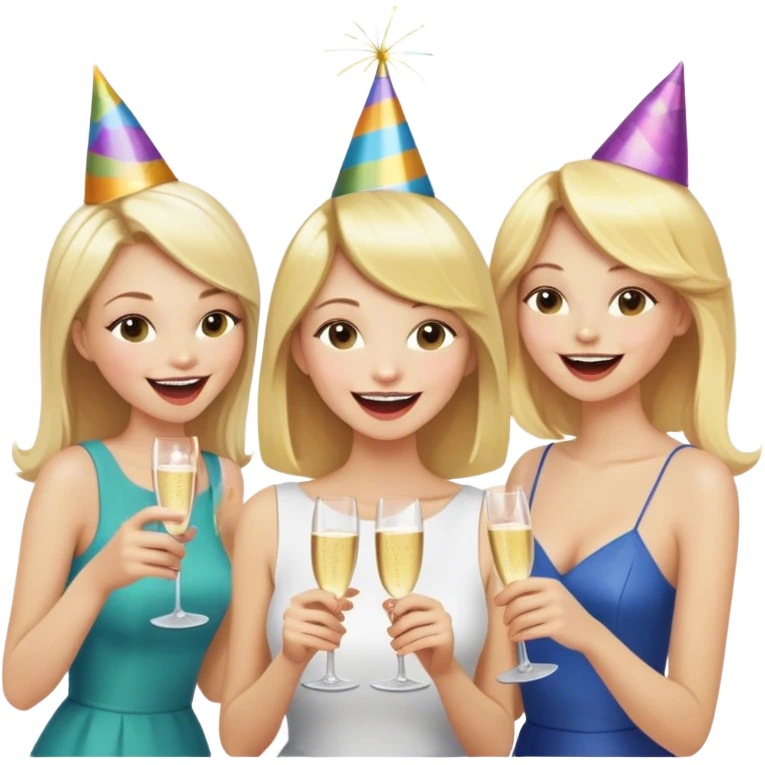 Woman with long blonde hair at the center of the group, her friends with short hair around her, all laughing, party emoji