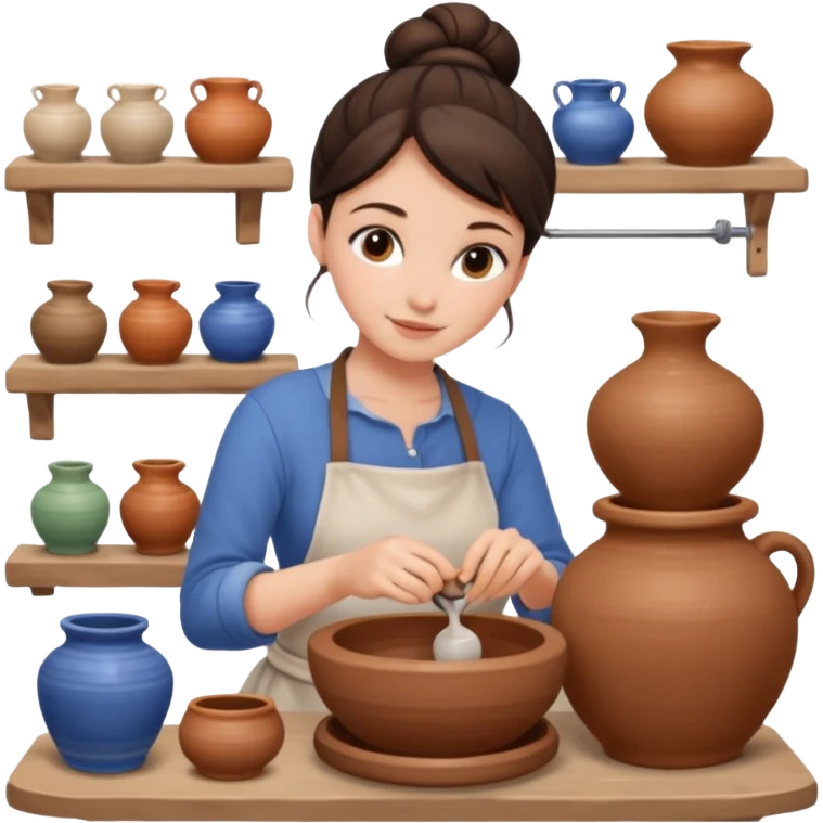Brunette girl, bun, doing pottery, pottery wheel emoji