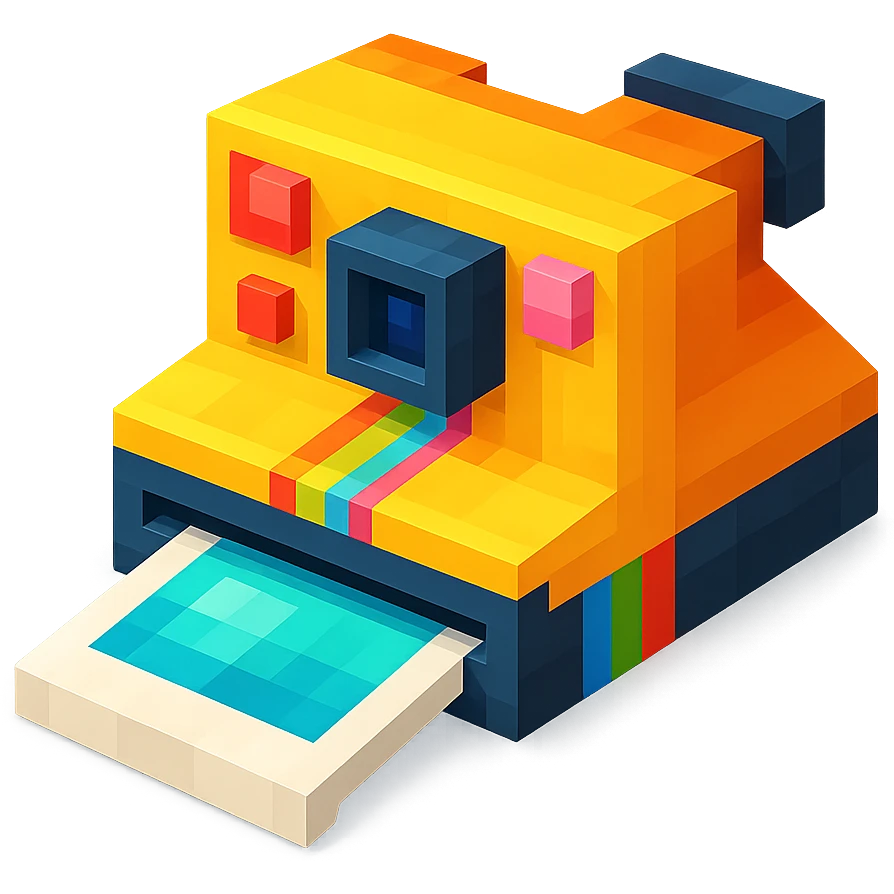 instant Polaroid type camera, isometric view, voxel style emoji