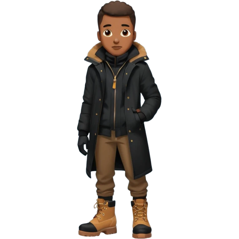 Handsome Black grown man with brown skin tone, wearing black joggers, a black weather coat, and buckwheat timberland boots, and black gloves emoji